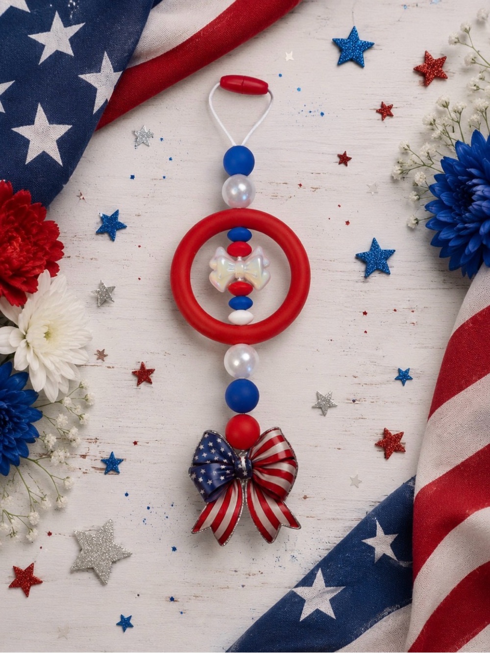 Handmade Patriotic Red Beaded Car Charm with Bow